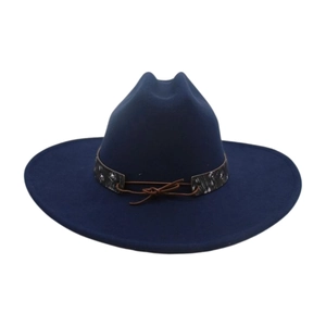 Detailed close-up of a navy blue wool felt fedora with a wide brim and brown leather strap