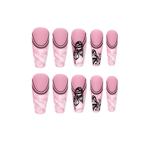 Pink coffin press-on nails with black butterfly designs and marble textures on white background