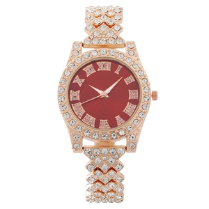 Fashion women's rose gold watch with full diamond bezel and deep red Roman numeral dial