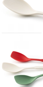 Detail showing silicone spoon with internal capacity scale lines for precise measuring