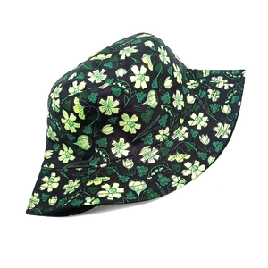 Reversible floral bucket hat in black with green botanical pattern for sun protection