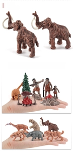 Detail view of miniature woolly mammoth model and prehistoric animal toys with size scale