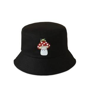 Fashionable black bucket hat with mushroom and frog embroidery for sun protection