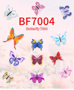 Macro detail of twelve colorful 3D PVC butterfly wall stickers on pink floral background