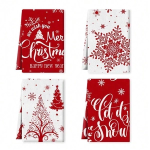 Set of four Christmas microfiber kitchen towels with festive red and white holiday prints
