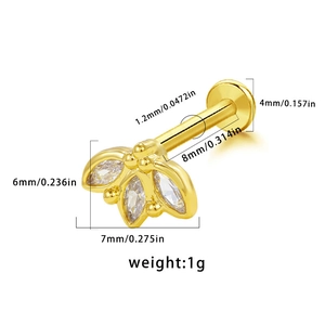 Detailed size chart for 1.2mm gold labret stud with zircon flower petal ornament