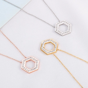 Sparkling hexagonal crystal pendant necklace set in silver gold and rose gold metal finishes