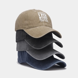 Washed cotton vintage baseball caps with slogan print in khaki, grey and navy blue colors