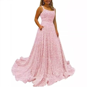 Elegant pink sequin prom dress with spaghetti straps and a flowing A-line silhouette