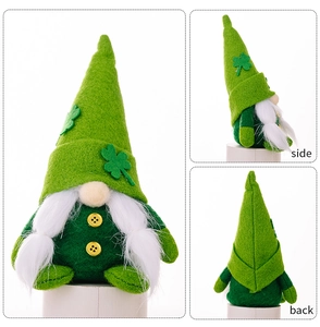 Multi-angle view of St. Patrick's Day gnome with green shamrock hat and white beard