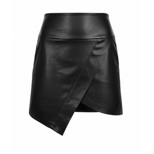 Mini-jupe sexy en cuir PU noir asymétrique à taille haute avec une coupe portefeuille moderne