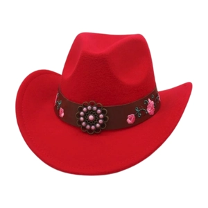 Detail of red wool cowboy hat with embroidered floral band and pink beaded ornament
