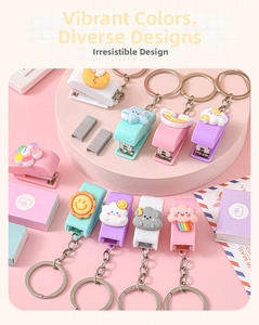 Close-up of mini cartoon stapler keychains with colorful cloud and weather charms