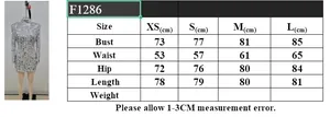 Size chart showing bust, waist, and hip measurements for this sequined party dress