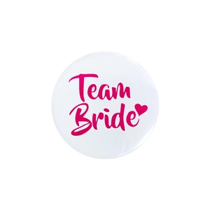 Badge Team Bride blanc et rose en fer-blanc avec cœur pour fête d'enterrement de vie