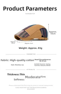 Size guide for cotton newsboy cap showing dimensions and adjustable 56-61cm head circumference