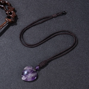 Adjustable heart-shaped amethyst pendant necklace with dark brown braided rope chain