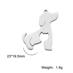 Detailed silver stainless steel dog silhouette pendant with dimensions 23x19.5mm and 1.6g