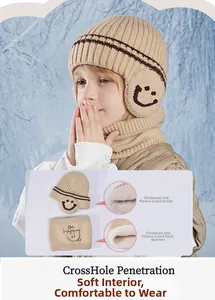 Close-up of kids winter knit hat and neck warmer with fleece lining and smiley face detail
