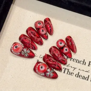 Gothic dark red 3D eye snake nails with silver cross and chain ornaments