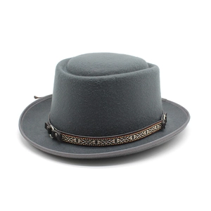 Classic grey wool felt pork pie hat with ethnic pattern band for men and women