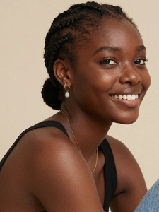Model wearing gold hoop earrings with freshwater pearls and a thin gold chain necklace