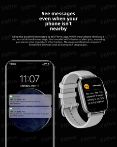 Detail view of Y13 smartwatch displaying incoming message notifications and grey silicone strap
