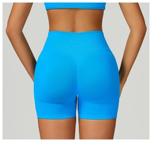 Dettaglio degli shorts da yoga blu a vita alta con costine senza cuciture e cucitura a V