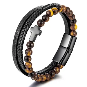 Men's multilayer leather bracelet with tiger eye beads and stainless steel cross charm