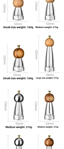 Size chart for acrylic and acacia wood pepper grinders showing multiple dimensions and weights