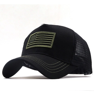 Black trucker hat with military green embroidered flag patch and breathable mesh back
