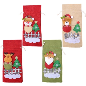Set van 4 kerstwijnfleszakken van jute met 3D-kerstman en sneeuwpop applicaties