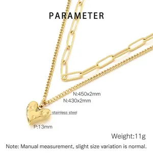 Détail du collier double rang en acier inoxydable doré avec pendentif cœur et dimensions