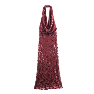Women Sequined Halter Neck Maxi Dress Backless Bodycon Evening Party Gown Wine Red Sleeveless Elegant Banquet