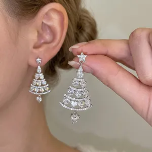 Christmas Tree Dangle Drop Earrings Alloy Rhinestone Zircon With 925 Sterling Silver Earring Post Festive Women Jewelry