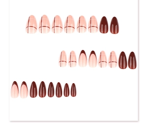 Detail of almond-shaped press-on nails featuring red French tips and white grid lines