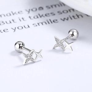 Macro detail of S925 silver star stud earrings with cubic zirconia and screw backs