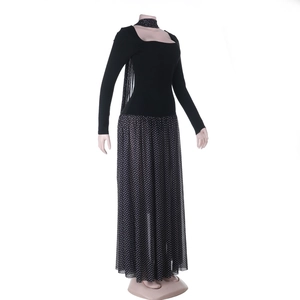 Detail of square neck knit bodice and polka dot chiffon skirt with matching choker