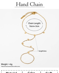Detailed size map of gold star hand chain with adjustable length and 8cm ring link