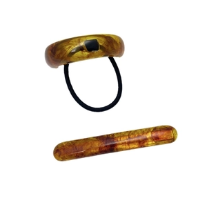 2-piece amber resin hair accessory set with U-shaped ponytail holder and hair clip