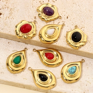 French vintage teardrop and wavy gold-plated stainless steel pendants with colorful natural stones