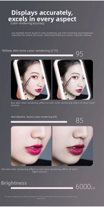 Detail view of LED makeup mirror showing high CRI 95 and 6000lux brightness comparison