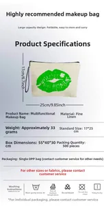 Detail view of linen makeup bag with green lip print and specifications chart 17x25cm