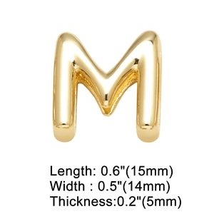 Detailed view of golden 3D letter M charm with precise dimensions 15mm by 14mm