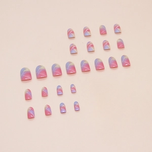 Pink and purple gradient oval press-on nails with white wavy lines pattern on pink base