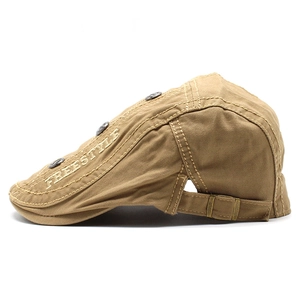 Khaki cotton beret flat cap with freestyle embroidery and decorative vintage metal buttons