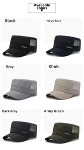 Flat top mesh sports caps in six colors including black, navy, and grey with side vents