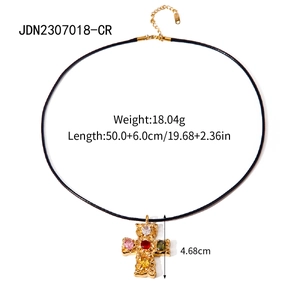 18k gold plated stainless steel cross necklace with colorful zircon stones on black cord
