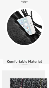 Close-up of black pebble leather handbag featuring a rear zipper pocket and colorful stitching