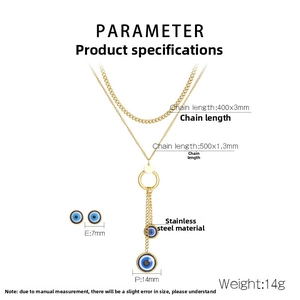 Detailed size specifications for gold evil eye stainless steel necklace and earrings set